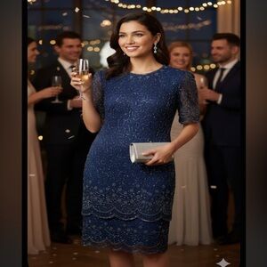 JKARA Navy 100% Silk Chiffon Beaded Sequins Scallop Sleeve And Layered Gown